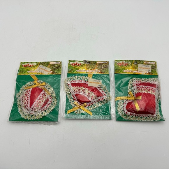 The Unbranded Brand Other - Lot 3 Vintage Victorian Fabric Christmas Bell Decoration Lace Ribbon Boot Pillow